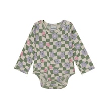 Antebies Organik Bej Grafik Çiçek Desenli Çıtçıtlı Uzun Kollu Kız Bebek Body Yeşil