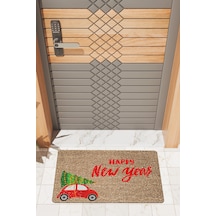 Rugmood Modern Dijtal Baskı Yılbaşı Ağaçlı Kırmızı Araba New Year Kapı Önü Paspası Çok Renkli