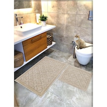 Cottoncrafty %100 Pamuk Dokuma Su Emici Banyo Paspas Seti, Banyo Halısı Çiçek 2 Li Set 60x100-60x50 Bej Diğer
