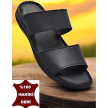 039 Günlük Ortopedik Taban Hakiki Deri Erkek Terlik Puff Yumuşak İç Taban Siyah