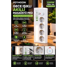 Çoklu Gece Lambalı Üçgen Priz Akım Korumalı 4 Lü Priz 3xusb 3xtype-c Çıkışlı Grup Priz Beyaz 1