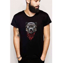 Bear Wolf Gözlüklü Sevimli Karakter Baskılı Siyah Erkek Tshirt