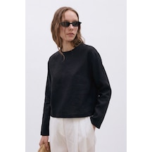 Suud Collection Siyah Mussel Crop Keten Bluz
