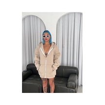 Kadın 3 İplik Pamuklu Kapüşonlu Kanguru Cepli Baskılı Oversize Hoodie Sweatshirt - Bej