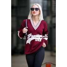 Madmext Bordo V Yaka Nakışlı Kadın Kazak Mg1279-bordo Bordo