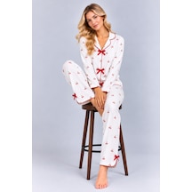Pijamask Kadın Beyaz Kiraz Desenli Kırmızı Fiyonk Detaylı Uzun Kollu Pijama Takımı Beyaz