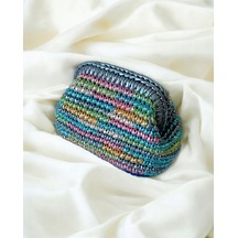 Metalik Renkli El Örgüsü Kadın Clutch Çanta Saten Astarlı Premium Handmade Gece Ve Omuz Çantası Çok  Renkli