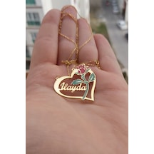 925 Ayar Gümüş 24 Ayar Altın Kaplama Isimli Kalpli Gül Kolye