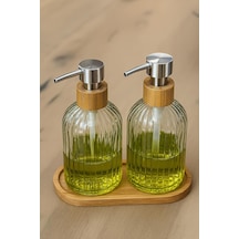 Zbern 2 Li Cam Sıvı Sabunluk Seti Füme Renk, 300 Ml Şeffaf Cam Gövde, Doğal Bambu Başlık Ve S