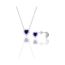 Gümüş Rodyumlu Safir Taşlı Pırlanta Modeli Kalp Kolye Ve Küpe İkili Set