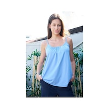 Jument Kadın Span Karışımlı Şık Kumaş İp Askılı Önü Büzgülü Ayar Askılı T-shirt Bluz-açıkmavi A.mavi