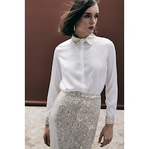 Sateen Payet Detaylı Saten Gömlek - Bej-136686 bej