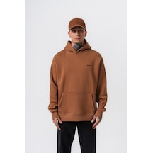 Erkek Respire Yazı Detaylı Kapüşonlu Basic Oversize Hoodie Kahve