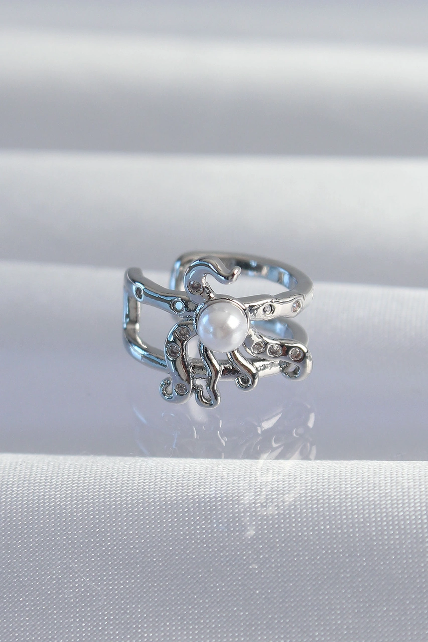 Pirinç Gümüş Renk İncili Ahtapot Earcuff Küpe Çr
