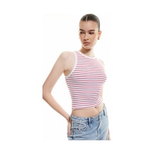 Koton Pamuklu Kolsuz Bisiklet Yaka Fitilli Crop Atlet Kırmızı Çizgili 5sak10016ek Kırmızı Çizgili