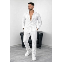 Erkek Çizgili Krep Kumaş Uzun Kollu Gömlek Pantolon Takım Beyaz