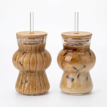 İkili Cam Soğuk Kahve Bardağı 2 Li Set Bambu Kapaklı Ve Cam Pipetli, 350 Ml Estetik Tasarım, Iced Coffee & Smoothie Bardağı 13 Cm Aeropress
