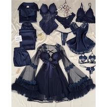 Mh Moony Homewears Lüx Kutulu Lamborfi 12 Parça Lacivert Saten Gecelik Tül Sabahlık Pijama Iç Giyim Çeyiz Seti Perfecto Lacivert