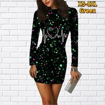 Yeşil Uzun Kollu Bodycon 3d Aşk Devre Baskı Elbise Kadın Mini Elbiseler Sonbahar Sıska Sıkı Parti Vestidos