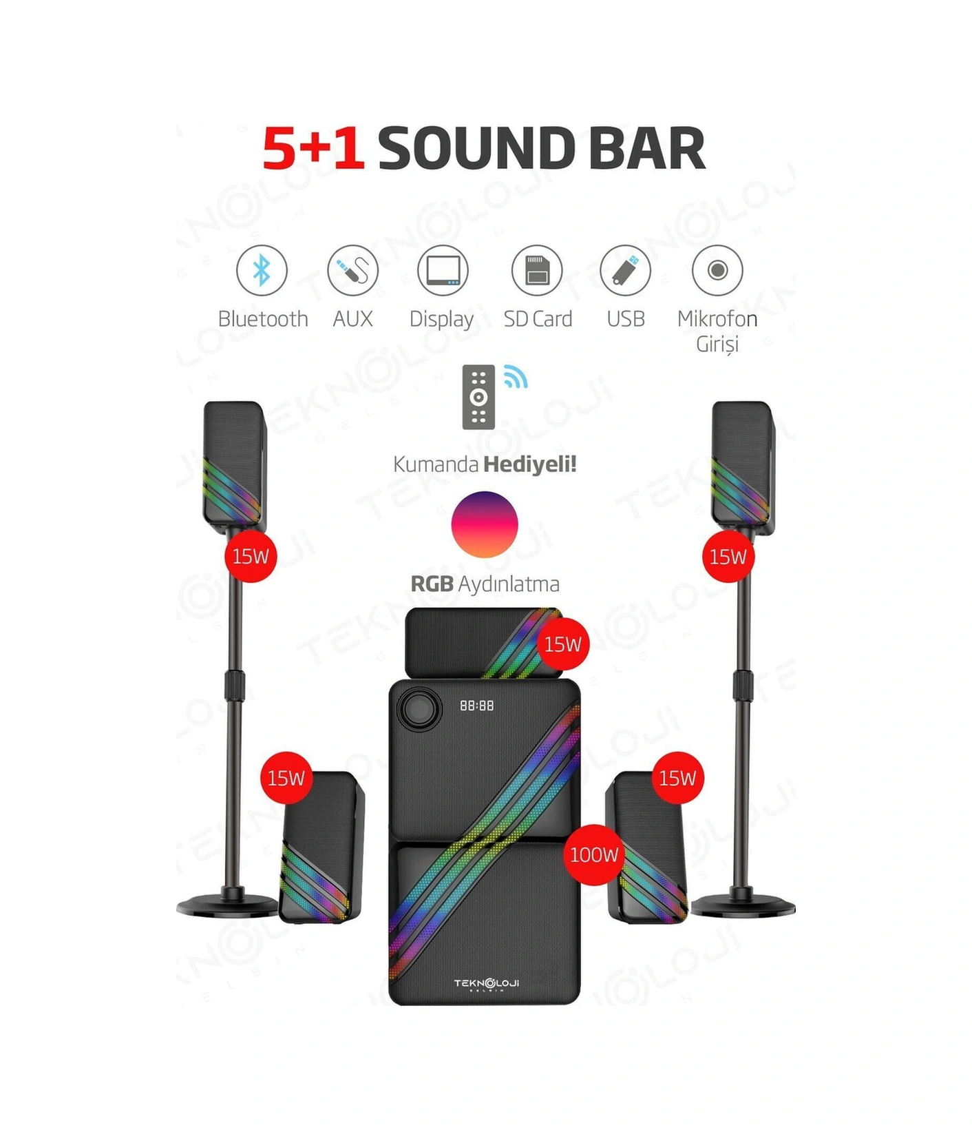 Hp-tv03 5+1 Soundbar Ev Sinema Sistemi Stereo Hd Ses Rgb Kablolu 100 Watt Amfi 15wx5 Soundbar-115746