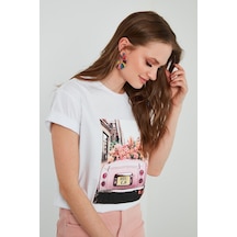 Unisex Örme Oversize Pink Woswos Basklı Beyaz T-shirt. Beyaz