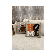 2 Li Dekoratif Kırlent Kılıfı Home Yazılı Kahve Fincanı Desenli Modern Bohem Salon Bej Bej