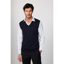 Tudors Slim Fit Dar Kesim V Yaka Kendinden Desenli Lacivert Erkek Süveter-29999 Lacivert