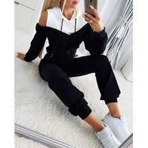 Efnaz Style Kadın Uzun Kollu Omuzlardan Açık Kapşonlu Bağcıklı Çift Renkli Viskon Iki Iplik Bluz Ve Pantolon Ikili Takım Siyah