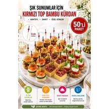 50 Li Paket Kırmızı Top Siyah Bambu Kürdan 9 Cm Kokteyl, Kanepe Ve Tatlı Sunum Kürdanı