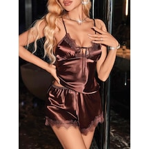 Mr Owl Kadın Kahverengi Askılı Dantel Detaylı Saten Şortlu Pijama Takımı