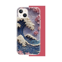 İphone 13-14 Uyumlu Mavi Dalga Ve Pembe Çiçekler Uv Baskılı Silikon Kılıf Renkli