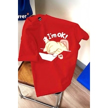Yorgun Kedi İllüstrasyonlu Unisex Tasarım Tişört Kirmizi
