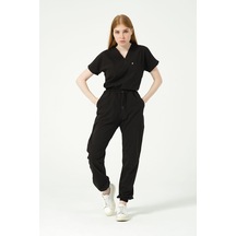 Siyah Likralı Scrubs Jogger Paça Doktor Hemşire Forması Yarasa Kol Takım Unisex