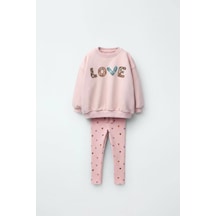 Magu Kız Çocuk Pamuklu Pembe Love Nakışlı Sweatshirt Ve Kalpli Tayt Takım 2'li Rahat Günlük Set Pembe