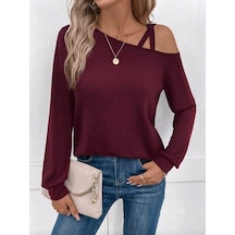 Veraura Lifestyle Kadın Uzun Kollu Tek Omuzdan Çapraz Şerit Detaylı Viskon Iki Iplik Bluz bordo