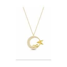 Çekirdekjewelry Sonsuzluk Ay Yıldız Gold Kolye Taşlı 925 Ayar Gümüş Sarı
