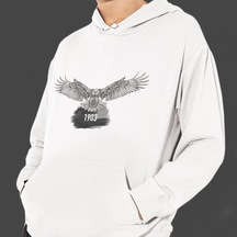 Kara Kartal Baskılı Cepli, Kapşonlu Beyaz Unisex Sweatshirt Hk21 Çok Renkli