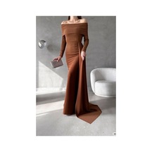 Store Esnek Yaka Kuyruklu Elbise Kumaş Abiye Degaje Krep Kahverengi - 935903027 Kahverengi
