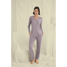 Ang Butik Kadın Uzun Kollu Boydan Düğmeli V Yaka Pijama Takımı Gri