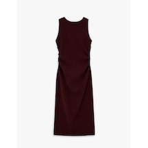 Koton Kolsuz Bisiklet Yaka Krep Kumaş Slim Fit Drape Detaylı Midi Elbise Bordo 6sak80100uw Bordo