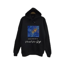Vincent Van Gogh Baskılı Unisex %100 Pamuk Siyah Kapüşonlu Sweatshirt Siyah