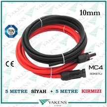 Mc4 Soketli 5m+5m 10 Metre 10mm Güneş Paneli Hazır Solar Kablo Siyah Kırmızı