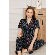 Farya Home Dreamy Pamuklu Yıldız Desenli Biyeli Kısa Kollu Gömlek Pijama Takımı Siyah Kırmızı Kırmızı - Siyah