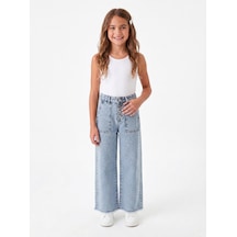 Onloox Kız Çocuk Açık Mavi Kız Çocuk Açık Mavi Pamuklu Geniş Paça Düğmeli Paçası Püsküllü Denim Jean Pantolon 13-14 Yaş
