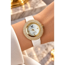 Swiss Kadın Kol Saati Sarı Çelik 33mm Kristal Taşlı Gerçek Deri Kayışlı Beyaz Kadranlı Beyaz - 936020580 Altın