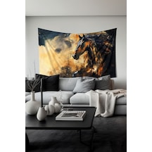 Altın Siyah At Desenli Duvar Halısı Duvar Örtüsü Tapestry Süet Dokulu Kumaş