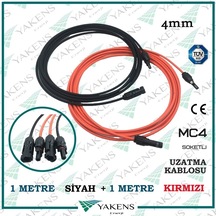 Güneş Paneli Uzatma Kablosu 4mm 1m+1m Çift Taraflı Mc4 Soketli Solar Ara Kablo Siyah Kırmızı