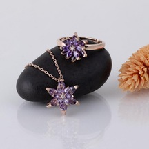 Gümüş Pazarım Ametist Taşlı Lotus Çiçeği Gümüş Kolye Yüzük Set Gümüş