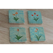 Ebru Laleler Doğal Taş Bardak Altlığı 4'lü Set - Natural Stone Coasters - Taş Çok Renkli