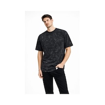 Erkek Asit Yıkama Bisiklet Yaka Kısa Kollu Oversize T-shirt Tişört - Siyah Çok Renkli